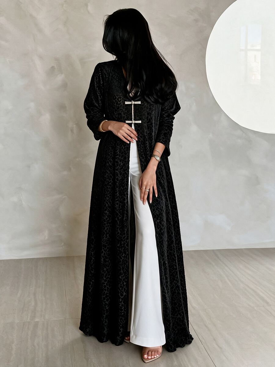 Yasveil Women Black Leopard Jacquard Stand Collar Chinese Knot Frog Button Open Front Wide Sleeve Loose Abaya Coat Dubai Middle East Fall Formal Kaftan Robe - Black - View 1