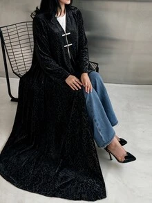 Yasveil Women Black Leopard Jacquard Stand Collar Chinese Knot Frog Button Open Front Wide Sleeve Loose Abaya Coat Dubai Middle East Fall Formal Kaftan Robe - Black - View 10