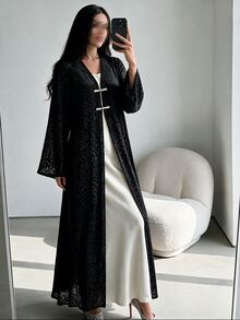 Yasveil Women Black Leopard Jacquard Stand Collar Chinese Knot Frog Button Open Front Wide Sleeve Loose Abaya Coat Dubai Middle East Fall Formal Kaftan Robe - Black - View 4