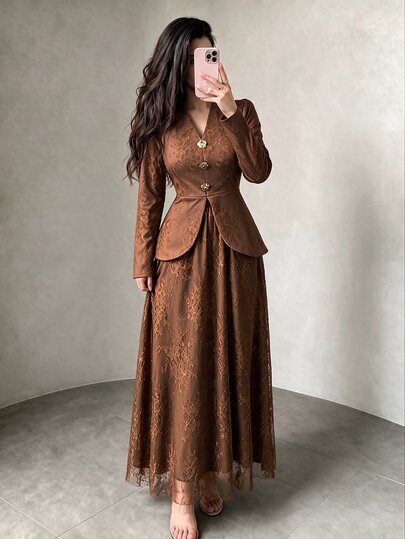 Modelyn Coffee Brown Composite Elegant Lace Fitted Top With Flowy Flared Skirt, Elegant Romantic Elegant Women's 2 Pieces Set