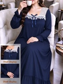Lacomfia Plus Size Women's Loose Casual A-Line Square Neck Long Sleeve Colorblock Patchwork Knit Dress, Autumn - Navy Blue - View 3
