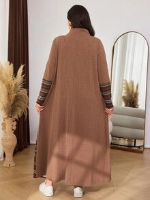 Lacomfia Plus Size Women's Loose Casual A-Line Crew Neck Long Sleeve Textured Fabric Patchwork Print Knit Long Dress, Autumn - Brown - View 2