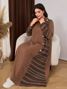 Lacomfia Plus Size Women's Loose Casual A-Line Crew Neck Long Sleeve Textured Fabric Patchwork Print Knit Long Dress, Autumn - Brown - View 6