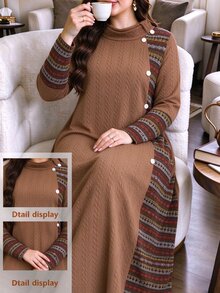 Lacomfia Plus Size Women's Loose Casual A-Line Crew Neck Long Sleeve Textured Fabric Patchwork Print Knit Long Dress, Autumn - Brown - View 1
