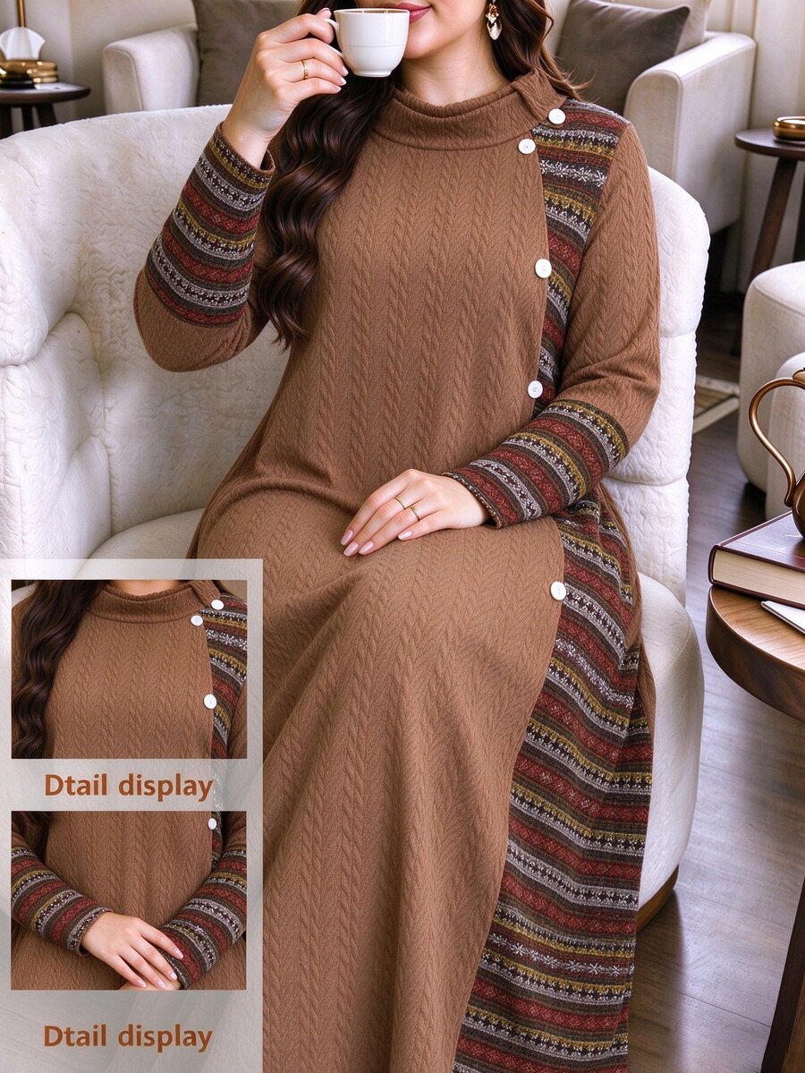Lacomfia Plus Size Women's Loose Casual A-Line Crew Neck Long Sleeve Textured Fabric Patchwork Print Knit Long Dress, Autumn - Brown - View 1
