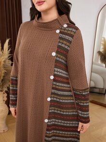 Lacomfia Plus Size Women's Loose Casual A-Line Crew Neck Long Sleeve Textured Fabric Patchwork Print Knit Long Dress, Autumn - Brown - View 4