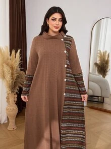 Lacomfia Plus Size Women's Loose Casual A-Line Crew Neck Long Sleeve Textured Fabric Patchwork Print Knit Long Dress, Autumn - Brown - View 8