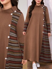 Lacomfia Plus Size Women's Loose Casual A-Line Crew Neck Long Sleeve Textured Fabric Patchwork Print Knit Long Dress, Autumn - Brown - View 3