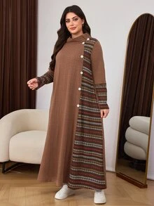 Lacomfia Plus Size Women's Loose Casual A-Line Crew Neck Long Sleeve Textured Fabric Patchwork Print Knit Long Dress, Autumn - Brown - View 7