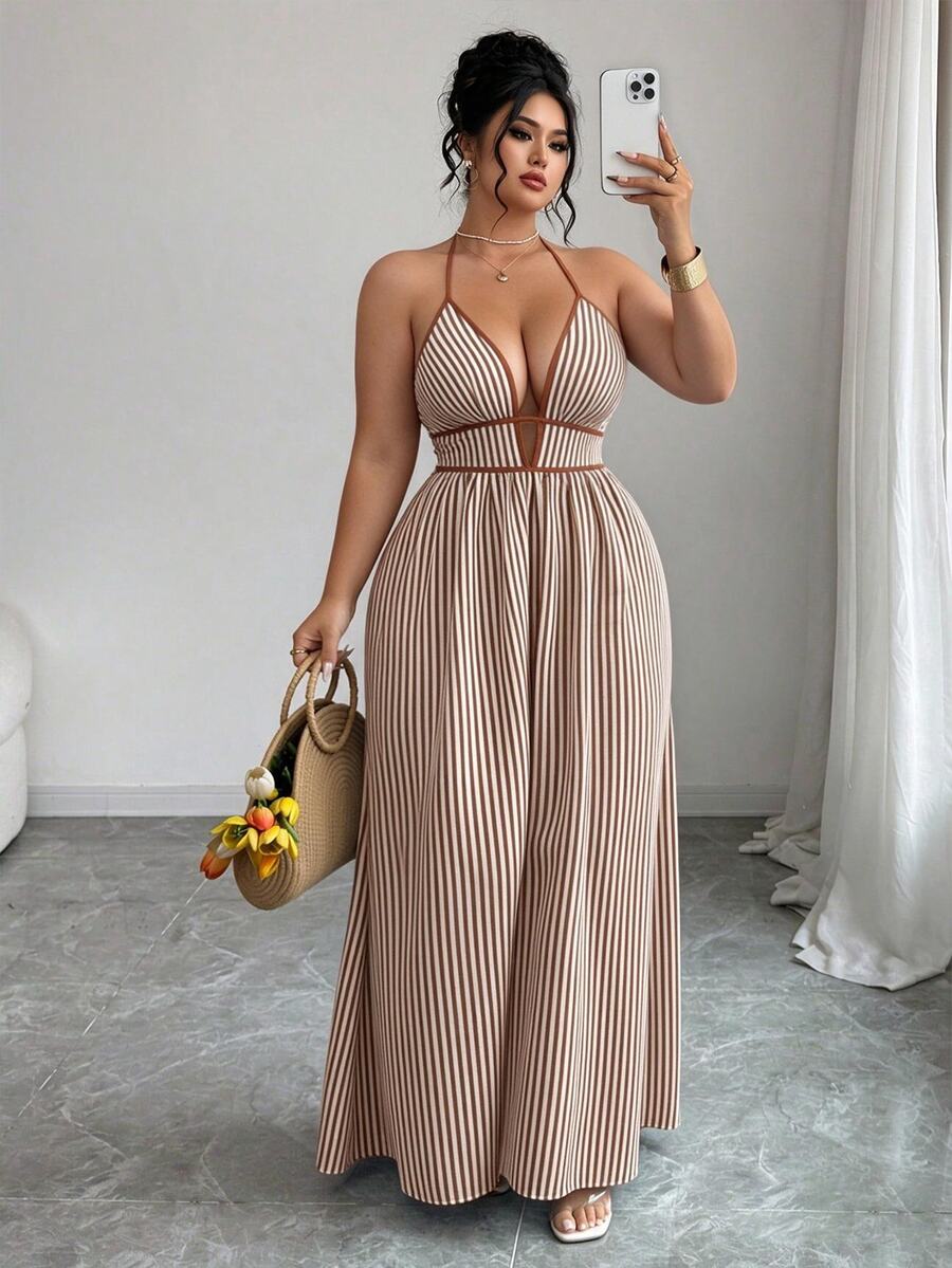 Elenzga Plus Size Women Striped Tie-Up Long Jumpsuit - Multicolor - View 1