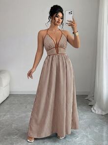 Elenzga Plus Size Women Striped Tie-Up Long Jumpsuit - Multicolor - View 7