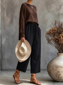 SHEIN Fall New Elastic Waist Pants With Ruffle Hem Patchwork, Casual Kawaii Versatile Plus Size Women Trousers Formal Vacation Black Brunch Birthday - Black - View 5