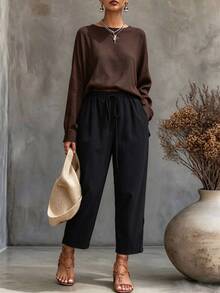 SHEIN Fall New Elastic Waist Pants With Ruffle Hem Patchwork, Casual Kawaii Versatile Plus Size Women Trousers Formal Vacation Black Brunch Birthday - Black - View 3