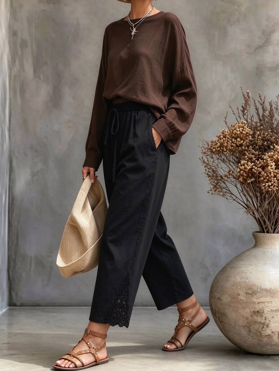 SHEIN Fall New Elastic Waist Pants With Ruffle Hem Patchwork, Casual Kawaii Versatile Plus Size Women Trousers Formal Vacation Black Brunch Birthday - Black - View 1