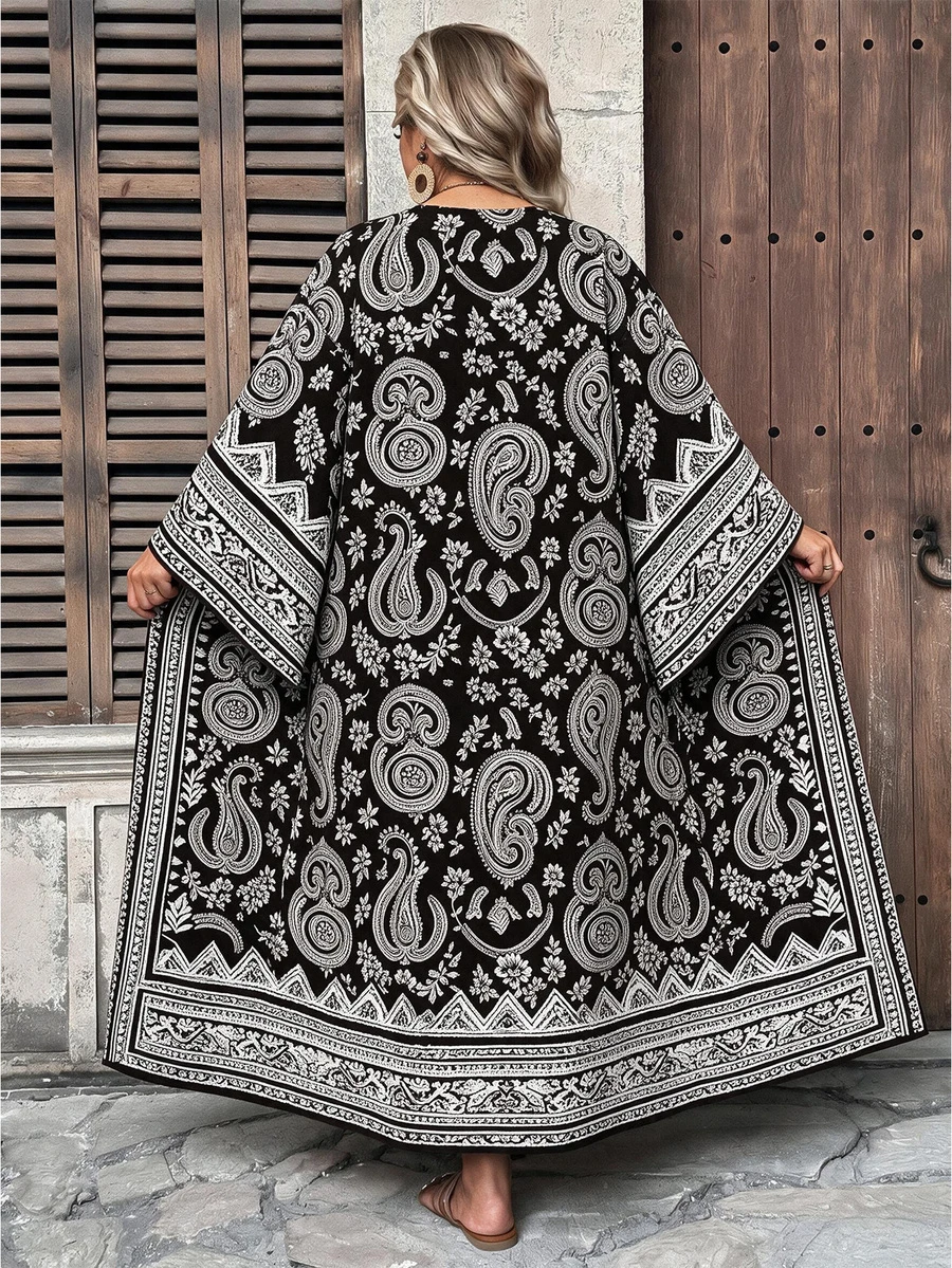 Ceyna Plus Size Women's Elegant Casual Multi-Color Striped Bohemian Style Black Paisley Pattern Open Front Long Sleeve Long Cardigan Jacket Office Fall - Multicolor - View 1