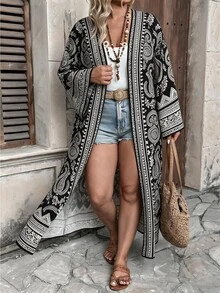 Ceyna Plus Size Women's Elegant Casual Multi-Color Striped Bohemian Style Black Paisley Pattern Open Front Long Sleeve Long Cardigan Jacket Office Fall - Multicolor - View 2