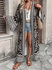 Ceyna Plus Size Women's Elegant Casual Multi-Color Striped Bohemian Style Black Paisley Pattern Open Front Long Sleeve Long Cardigan Jacket Office Fall - Multicolor - View 5