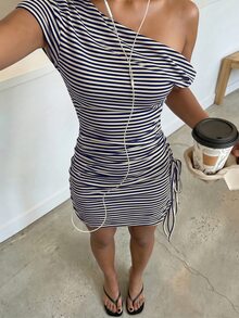 FavEase Women's Striped Sexy Off-Shoulder Dress, Casual Everyday Wear, YK2 - Navy Blue - View 5