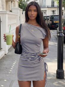 FavEase Women's Striped Sexy Off-Shoulder Dress, Casual Everyday Wear, YK2 - Navy Blue - View 3