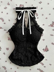 Elamini 春夏秋白色針織提花花卉性感優雅時尚前衛鏤空無袖露肩荷葉邊下擺黑色蝴蝶結收腰黑白對比色女款背心上衣 - 黑色 - 查看 2