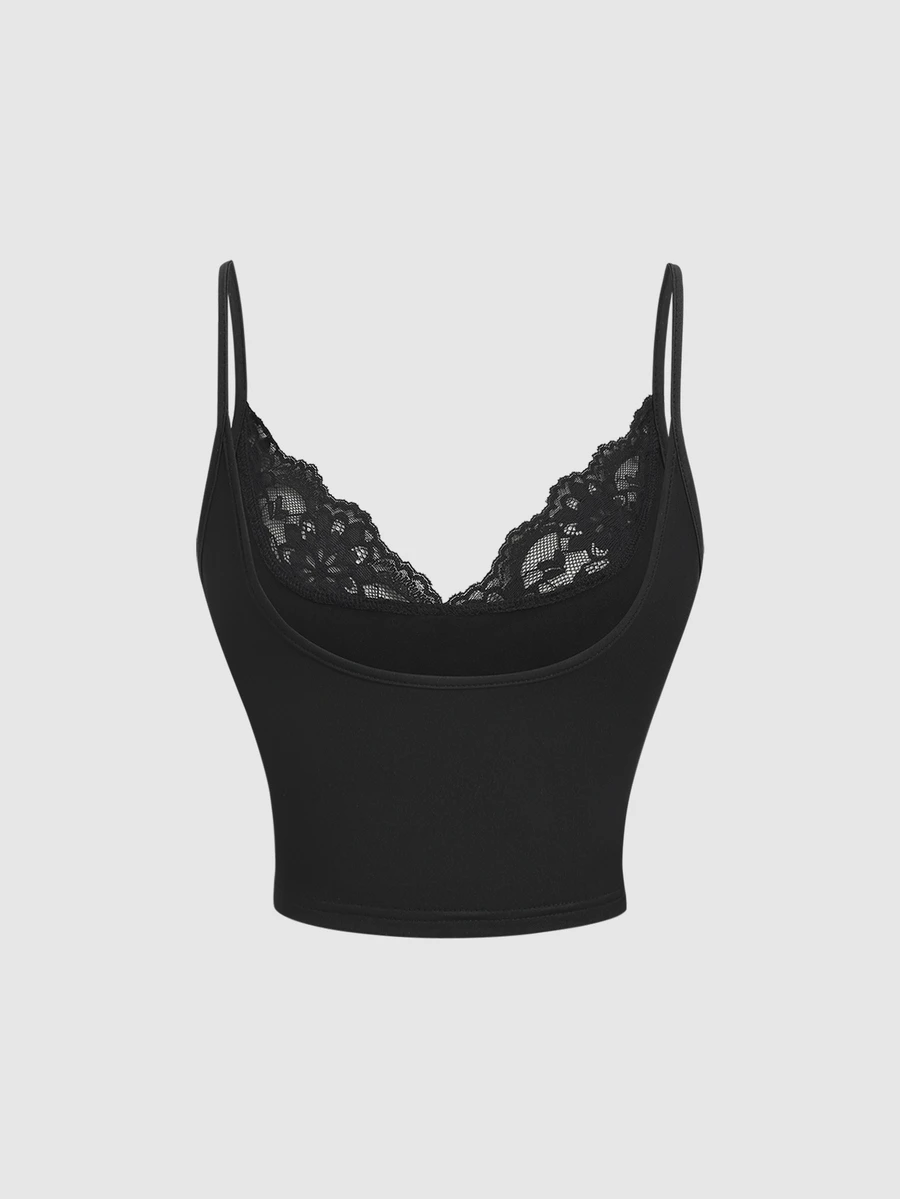 Sweetra Camiseta corta sin mangas con escote en V, patchwork de encaje, espalda descubierta, elegante y sexy para mujer, adecuada para primavera, verano, otoño, salidas y citas nocturnas, color negro - Negro - Ver 1
