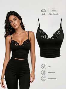 Sweetra Camiseta corta sin mangas con escote en V, patchwork de encaje, espalda descubierta, elegante y sexy para mujer, adecuada para primavera, verano, otoño, salidas y citas nocturnas, color negro - Negro - Ver 2