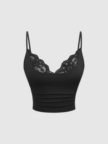 Sweetra Camiseta corta sin mangas con escote en V, patchwork de encaje, espalda descubierta, elegante y sexy para mujer, adecuada para primavera, verano, otoño, salidas y citas nocturnas, color negro - Negro - Ver 5