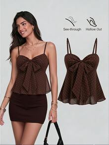 Sweetra Women's Summer Polka Dot Bow Camisole Top - Coffee Brown - View 3