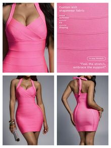 Nuvra Sexy V-Neck Waist-Cinching Slimming Mini Dress For Women, Ideal For Parties And Events - Hot Pink - View 6