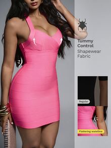 Nuvra Sexy V-Neck Waist-Cinching Slimming Mini Dress For Women, Ideal For Parties And Events - Hot Pink - View 1