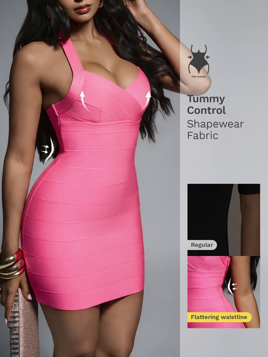 Nuvra Sexy V-Neck Waist-Cinching Slimming Mini Dress For Women, Ideal For Parties And Events - Hot Pink - View 1