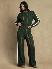 Glamine Women's Colorblock Round Neck Long Sleeve Hollow Out Top And Pants Sports Set - Multicolor - View 8