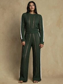 Glamine Women's Colorblock Round Neck Long Sleeve Hollow Out Top And Pants Sports Set - Multicolor - View 3
