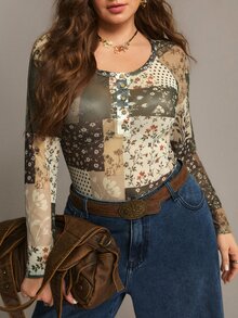Freevana ملابس علوية بأكمام طويلة من الشبك بتصميم زهري ونقاط متباينة، بقصة ضيقة وأزرار أمامية وياقة دائرية، بأسلوب بوهيمي عتيق للارتداء اليومي في فصل الخريف - متعدد الألوان - مشاهدة 6