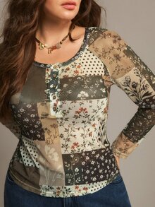 Freevana ملابس علوية بأكمام طويلة من الشبك بتصميم زهري ونقاط متباينة، بقصة ضيقة وأزرار أمامية وياقة دائرية، بأسلوب بوهيمي عتيق للارتداء اليومي في فصل الخريف - متعدد الألوان - مشاهدة 4