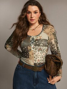 Freevana ملابس علوية بأكمام طويلة من الشبك بتصميم زهري ونقاط متباينة، بقصة ضيقة وأزرار أمامية وياقة دائرية، بأسلوب بوهيمي عتيق للارتداء اليومي في فصل الخريف - متعدد الألوان - مشاهدة 1