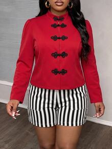 Slaydiva Fall/ Elegant Formal Chinese Style Christening Guest Long Sleeve Cheongsam-Inspired Red Frog Button Decor Colorblock Plus Size Blazer Brunch Party - Red - View 7