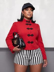 Slaydiva Fall/ Elegant Formal Chinese Style Christening Guest Long Sleeve Cheongsam-Inspired Red Frog Button Decor Colorblock Plus Size Blazer Brunch Party - Red - View 8