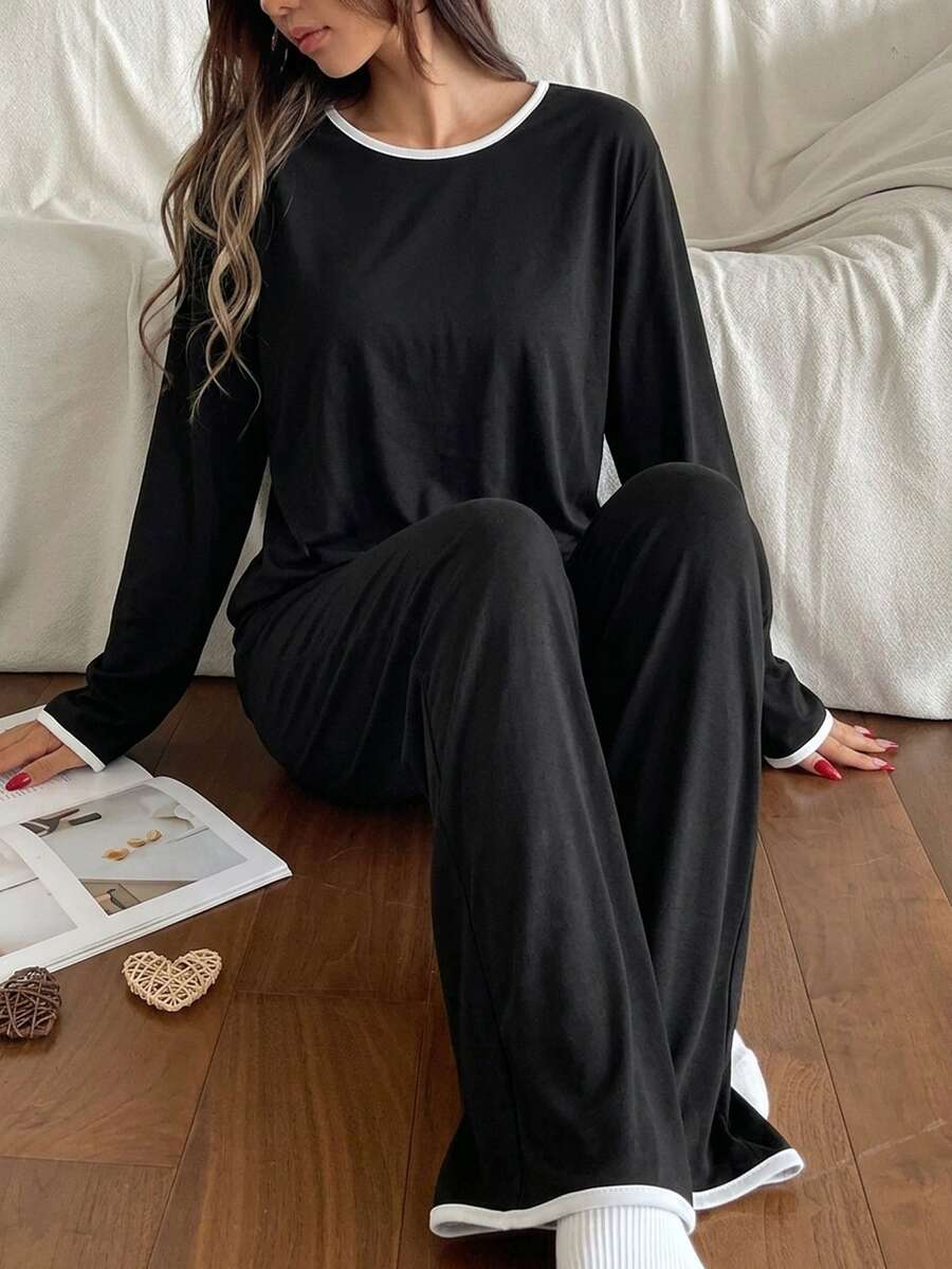青少年女孩時尚休閒極簡純色長袖褲裝舒適牛奶絲面料1件居家服套裝 - 黑色 - 查看 1