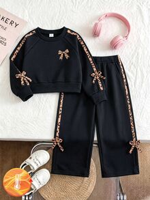 Elladie kids 女童 2 件套運動休閒套裝，圓領插肩袖長袖短版衛衣，豹紋條紋與蝴蝶結裝飾，搭配寬腿長褲 - 黑色 - 查看 4