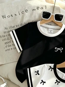 SHEIN 2件套 女童新款SS26时尚休闲舒适度假黑白撞色领口袖口蝴蝶结印花短袖圆领T恤，适合夏季穿着 - 彩色 - 查看 5