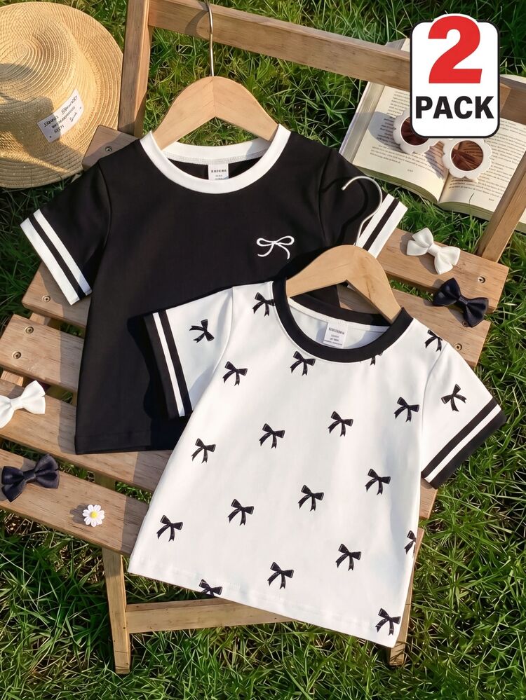 SHEIN 2pcs/Set Young Girls' SS26 Fashion Casual Comfortable White Summer School Back-To-School Contrast Collar,Bow Print Short Sleeve Round Neck T-Shirt - Multicolor - View 3