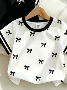 SHEIN 2件套 女童新款SS26时尚休闲舒适度假黑白撞色领口袖口蝴蝶结印花短袖圆领T恤，适合夏季穿着 - 彩色 - 查看 4