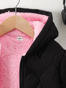 SHEIN 女童冬季愛心絎縫連帽外套，厚實抓絨內裡拉鍊式保暖休閒校園戶外外套 - 粉色 - 查看 5