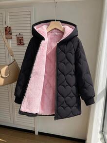 SHEIN 女童冬季愛心絎縫連帽外套，厚實抓絨內裡拉鍊式保暖休閒校園戶外外套 - 粉色 - 查看 9