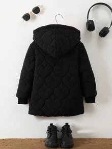 SHEIN 女童冬季愛心絎縫連帽外套，厚實抓絨內裡拉鍊式保暖休閒校園戶外外套 - 粉色 - 查看 2