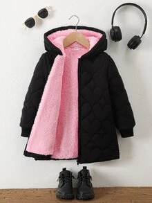 SHEIN 女童冬季愛心絎縫連帽外套，厚實抓絨內裡拉鍊式保暖休閒校園戶外外套 - 粉色 - 查看 3