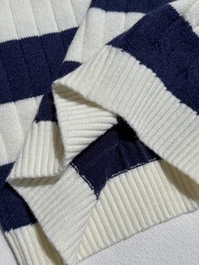 SHEIN 青少年女孩海軍藍白條紋纜繩圖案V領無袖背心，刺繡Logo圖標，柔軟舒適，秋季休閒學院風套頭衫 - 藍白色 - 查看 9