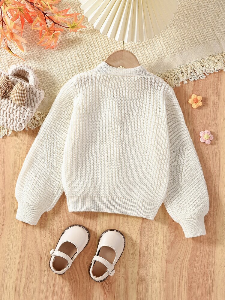 SHEIN Toddler Girls Cardigans,V-Neck Lantern Sleeve Knit Sweater Jacket,Back-To-School 80s Style,White,Winter,School,Textured Comfortable Cute Lightweight - Apricot - View 2