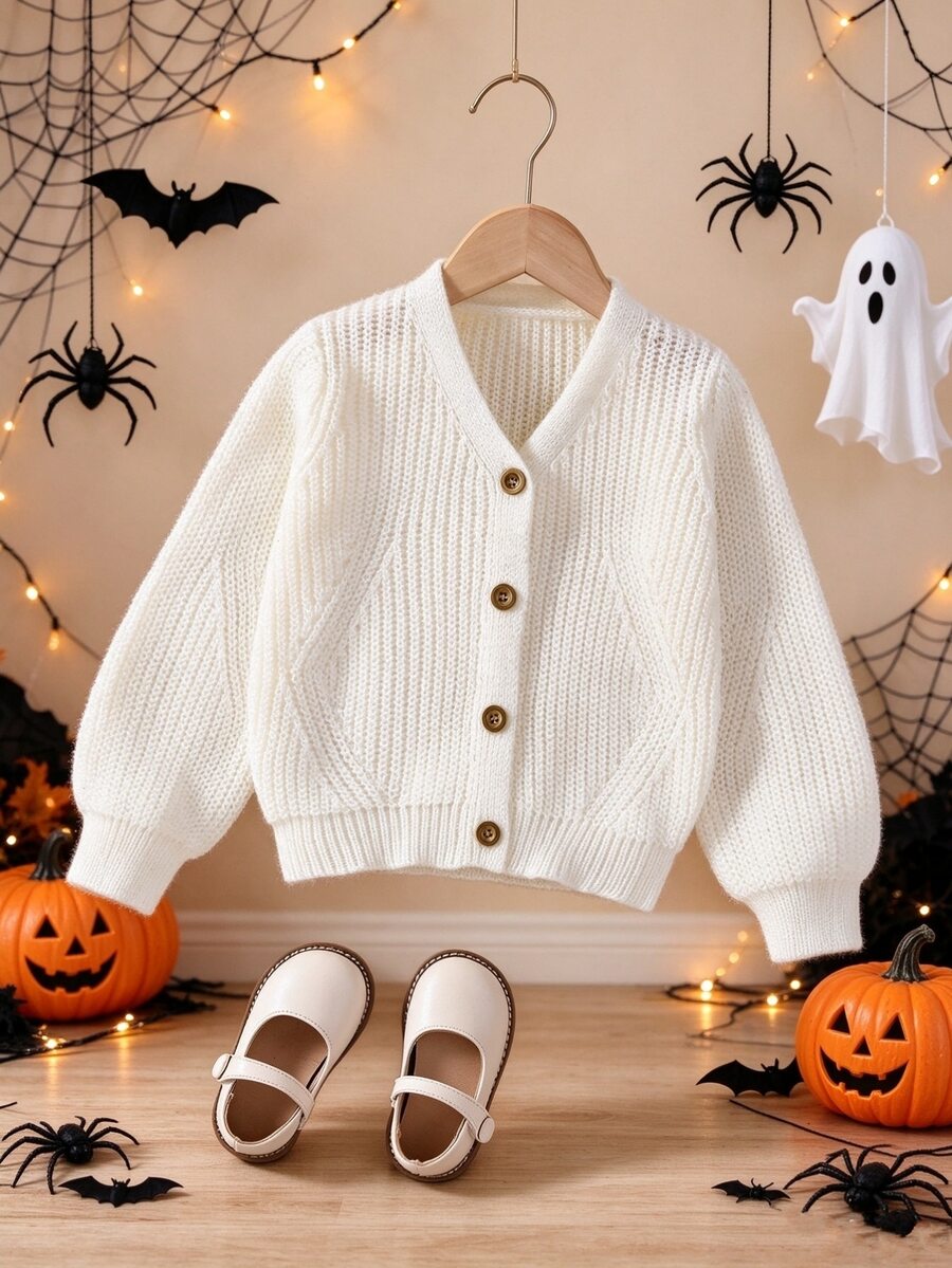 SHEIN Toddler Girls Cardigans,V-Neck Lantern Sleeve Knit Sweater Jacket,Back-To-School 80s Style,White,Winter,School,Textured Comfortable Cute Lightweight - Apricot - View 1